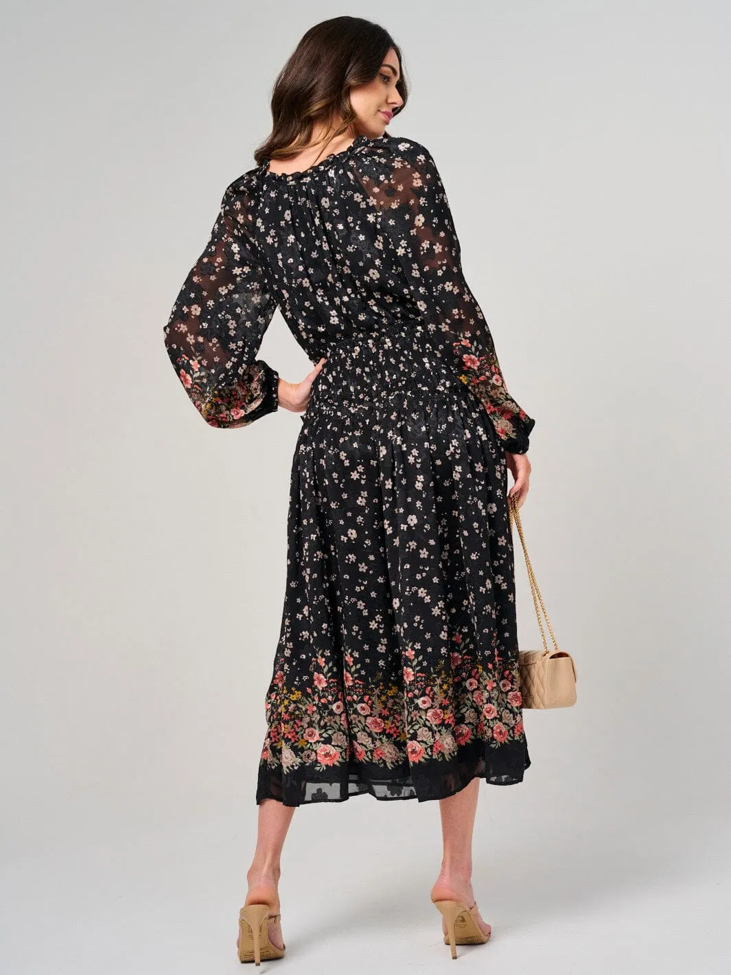 WOMEN'S LONG SLEEVE V-NECK ELASTIC WAIST FLORAL MAXI DRESS