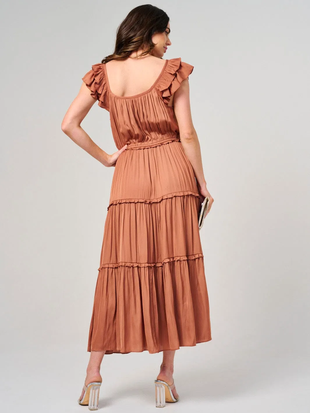 WOMEN'S RUFFLE SLEEVE ELASTIC WAIST TIERED MAXI DRESS