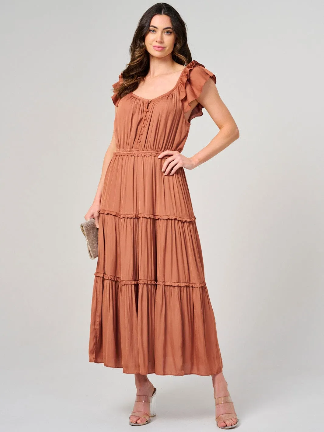 WOMEN'S RUFFLE SLEEVE ELASTIC WAIST TIERED MAXI DRESS