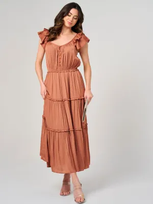 WOMEN'S RUFFLE SLEEVE ELASTIC WAIST TIERED MAXI DRESS