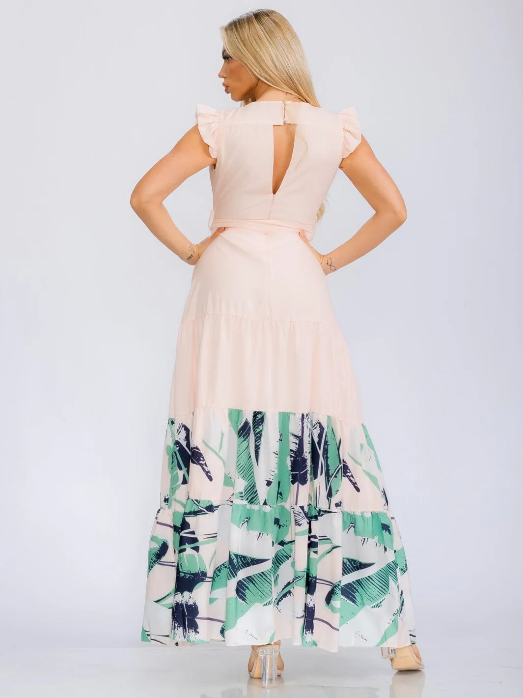 WOMEN'S RUFFLE SLEEVE V-NECK SELF TIE LEAF PRINT MAXI DRESS