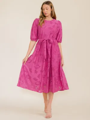 WOMEN'S SHORT SLEEVE FLOWER EYELET DETAILED SELF TIE FRONT POCKETS MIDI DRESS
