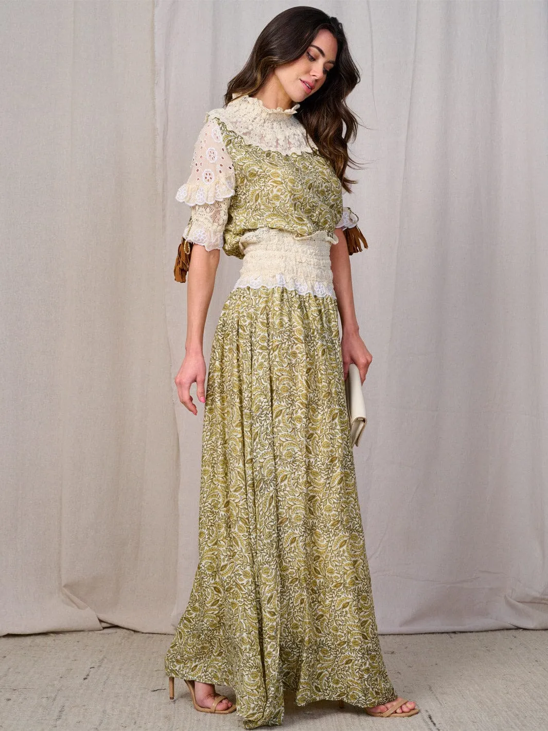 WOMEN'S SHORT SLEEVE RUFFLE LACE MOCK NECK OPEN BACK MAXI DRESS