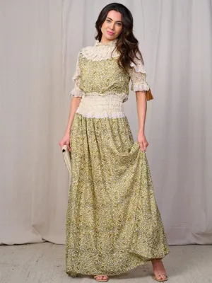 WOMEN'S SHORT SLEEVE RUFFLE LACE MOCK NECK OPEN BACK MAXI DRESS