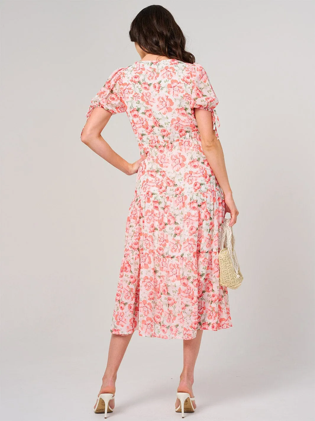WOMEN'S SHORT SLEEVE SURPLICE FLORAL MIDI DRESS