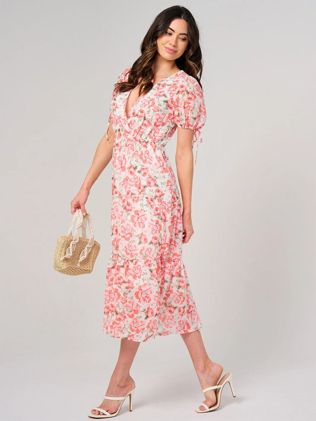 WOMEN'S SHORT SLEEVE SURPLICE FLORAL MIDI DRESS