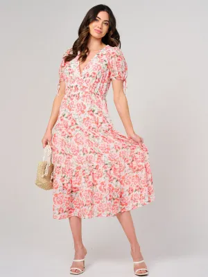 WOMEN'S SHORT SLEEVE SURPLICE FLORAL MIDI DRESS