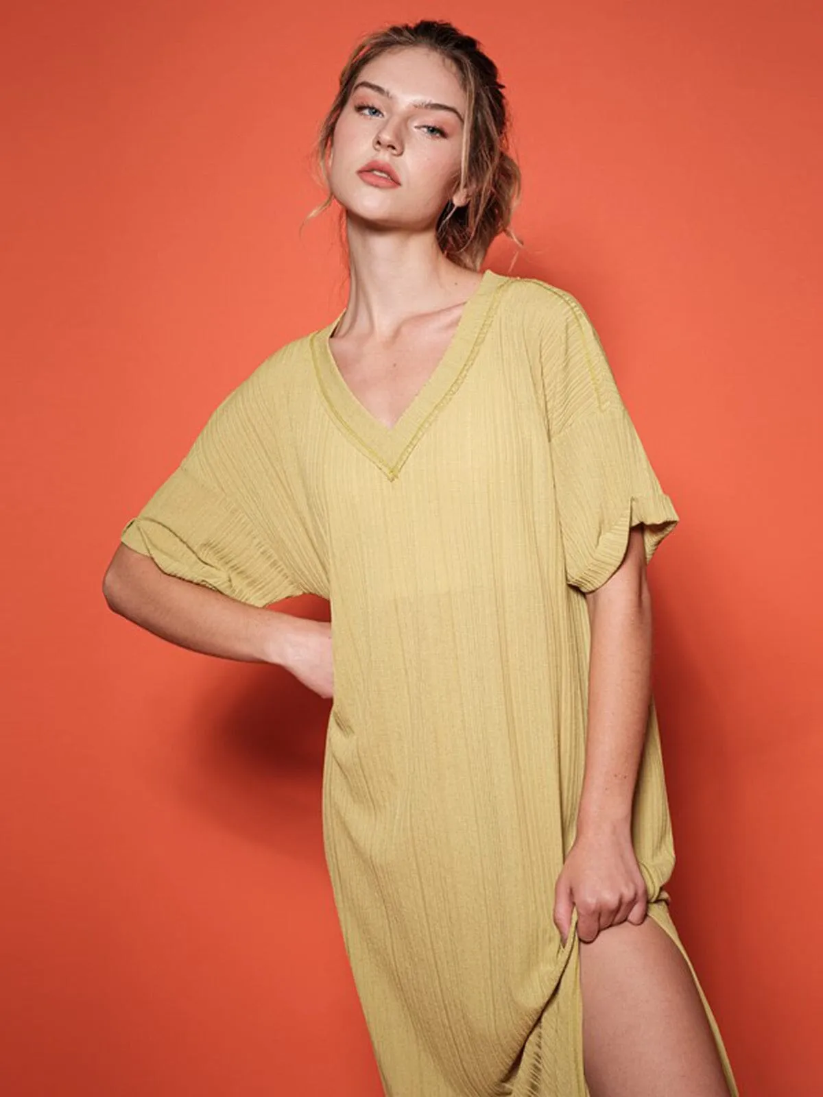WOMEN'S SHORT SLEEVE V-NECK TUNIC RIBBED MAXI DRESS