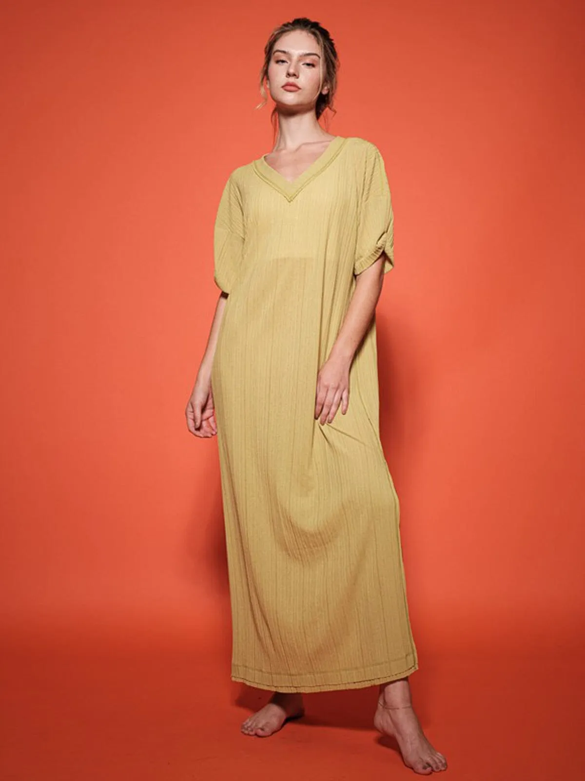WOMEN'S SHORT SLEEVE V-NECK TUNIC RIBBED MAXI DRESS