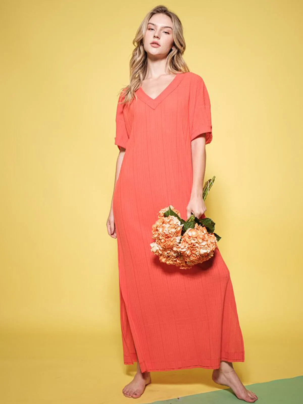 WOMEN'S SHORT SLEEVE V-NECK TUNIC RIBBED MAXI DRESS