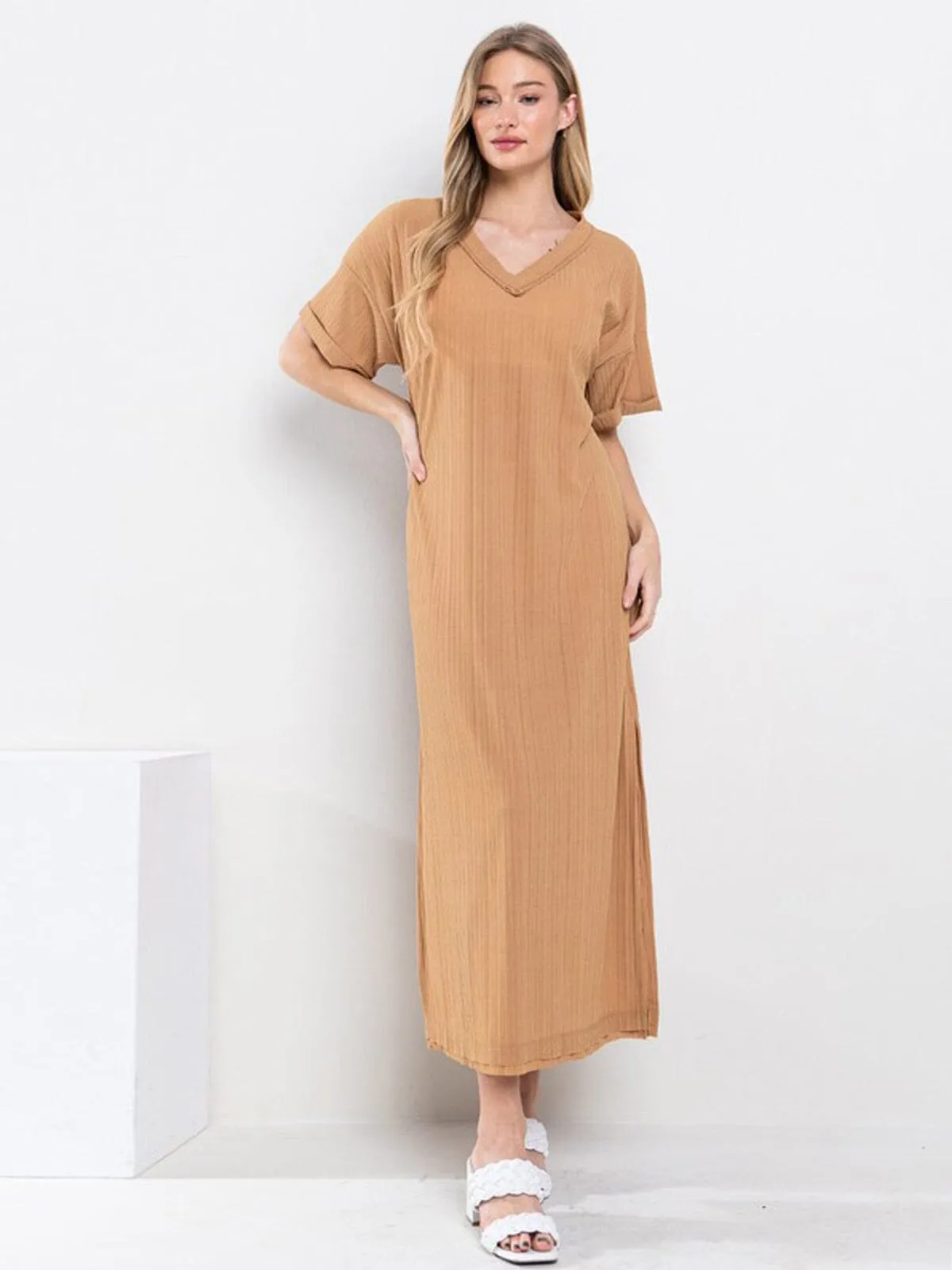 WOMEN'S SHORT SLEEVE V-NECK TUNIC RIBBED MAXI DRESS
