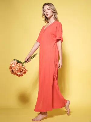 WOMEN'S SHORT SLEEVE V-NECK TUNIC RIBBED MAXI DRESS