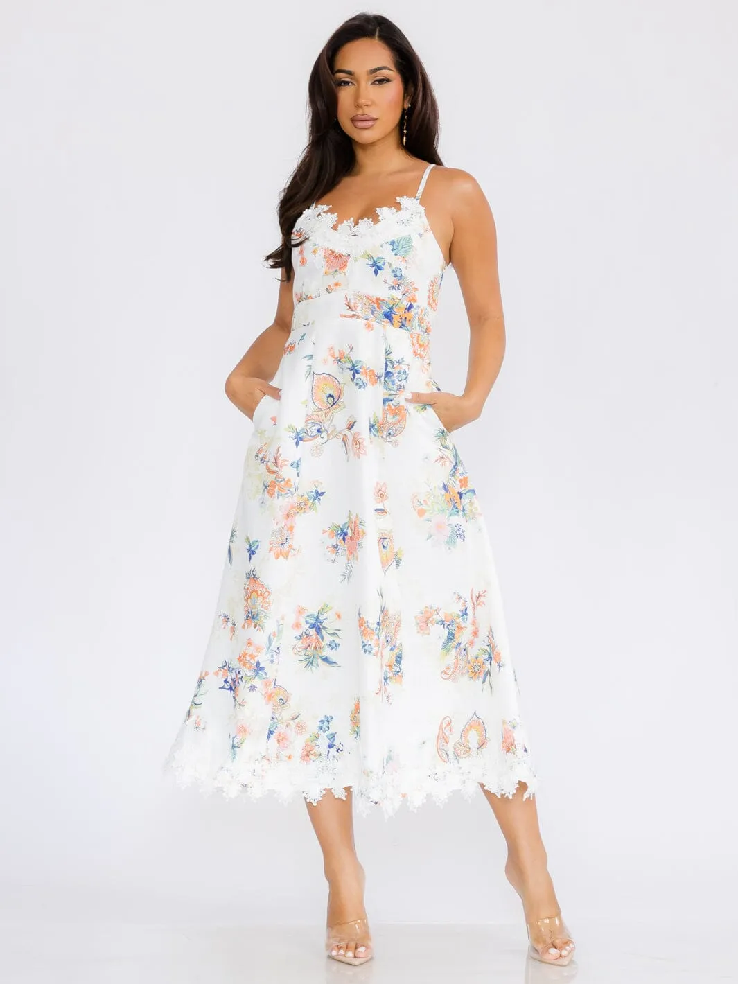 WOMEN'S SLEEVELESS EMBROIDERY TRIM FLORAL PRINT MAXI DRESS