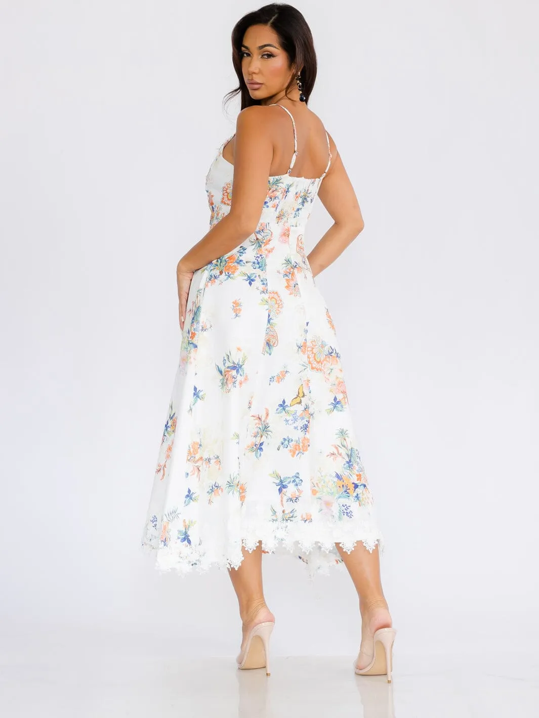 WOMEN'S SLEEVELESS EMBROIDERY TRIM FLORAL PRINT MAXI DRESS