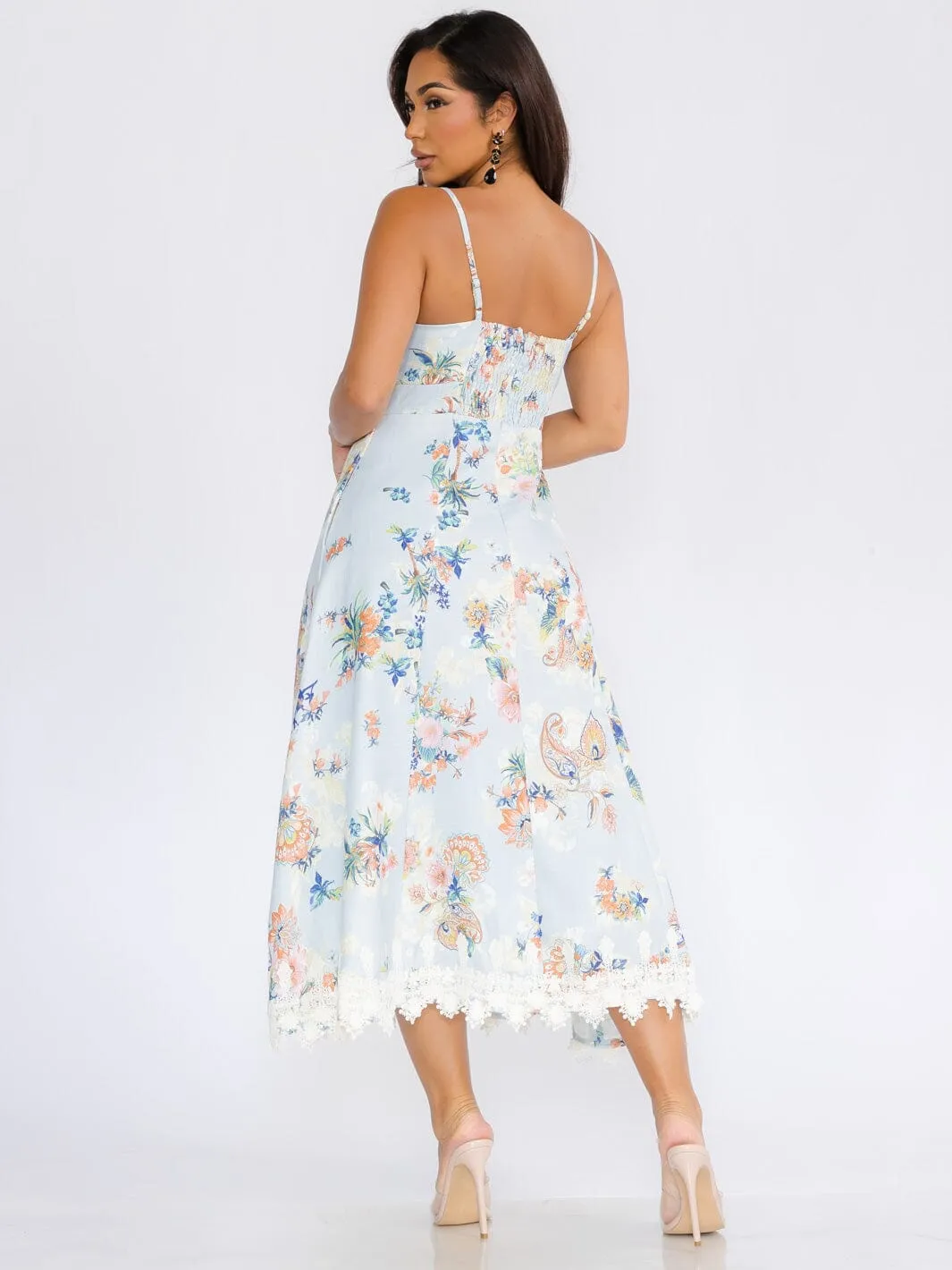 WOMEN'S SLEEVELESS EMBROIDERY TRIM FLORAL PRINT MAXI DRESS