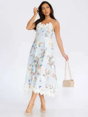 WOMEN'S SLEEVELESS EMBROIDERY TRIM FLORAL PRINT MAXI DRESS