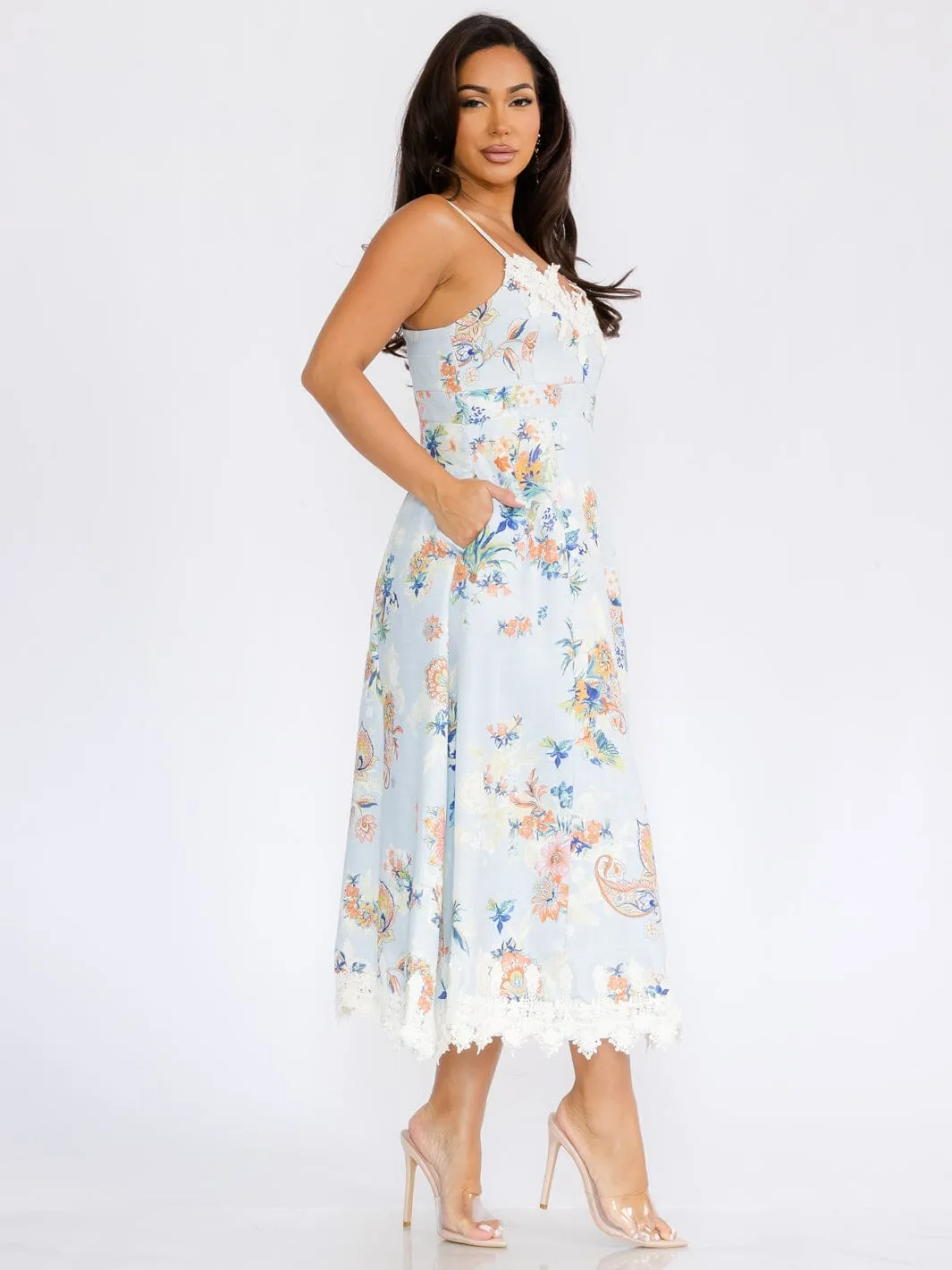 WOMEN'S SLEEVELESS EMBROIDERY TRIM FLORAL PRINT MAXI DRESS