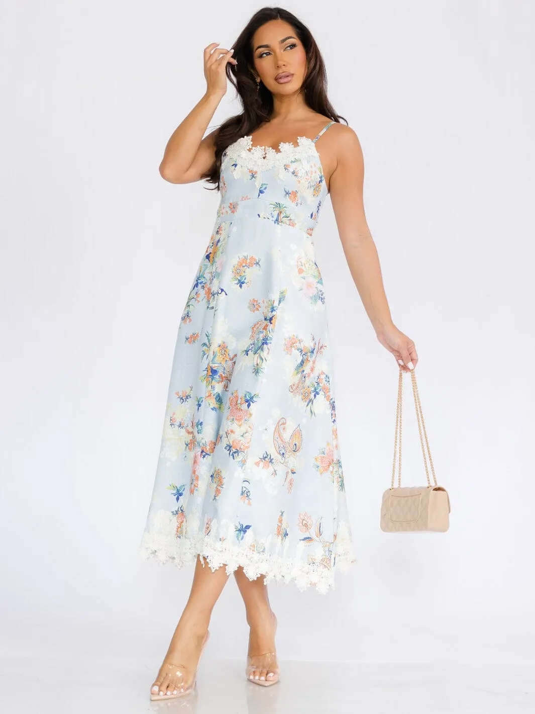 WOMEN'S SLEEVELESS EMBROIDERY TRIM FLORAL PRINT MAXI DRESS