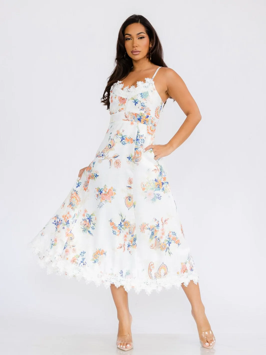 WOMEN'S SLEEVELESS EMBROIDERY TRIM FLORAL PRINT MAXI DRESS