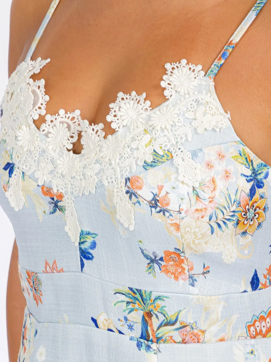 WOMEN'S SLEEVELESS EMBROIDERY TRIM FLORAL PRINT MAXI DRESS