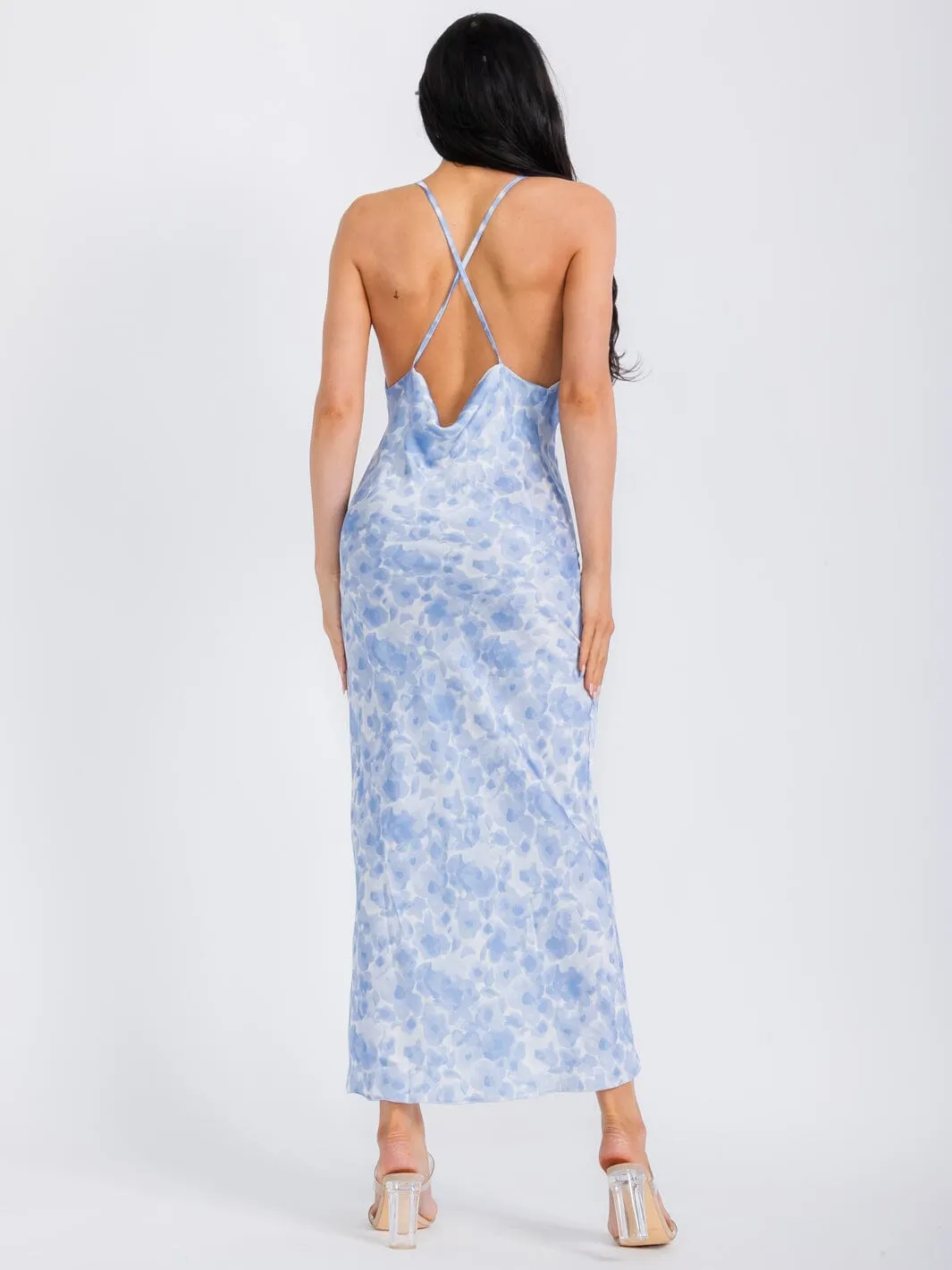 WOMEN'S SLEEVELESS OPEN BACK SATIN TYE DYE MAXI DRESS
