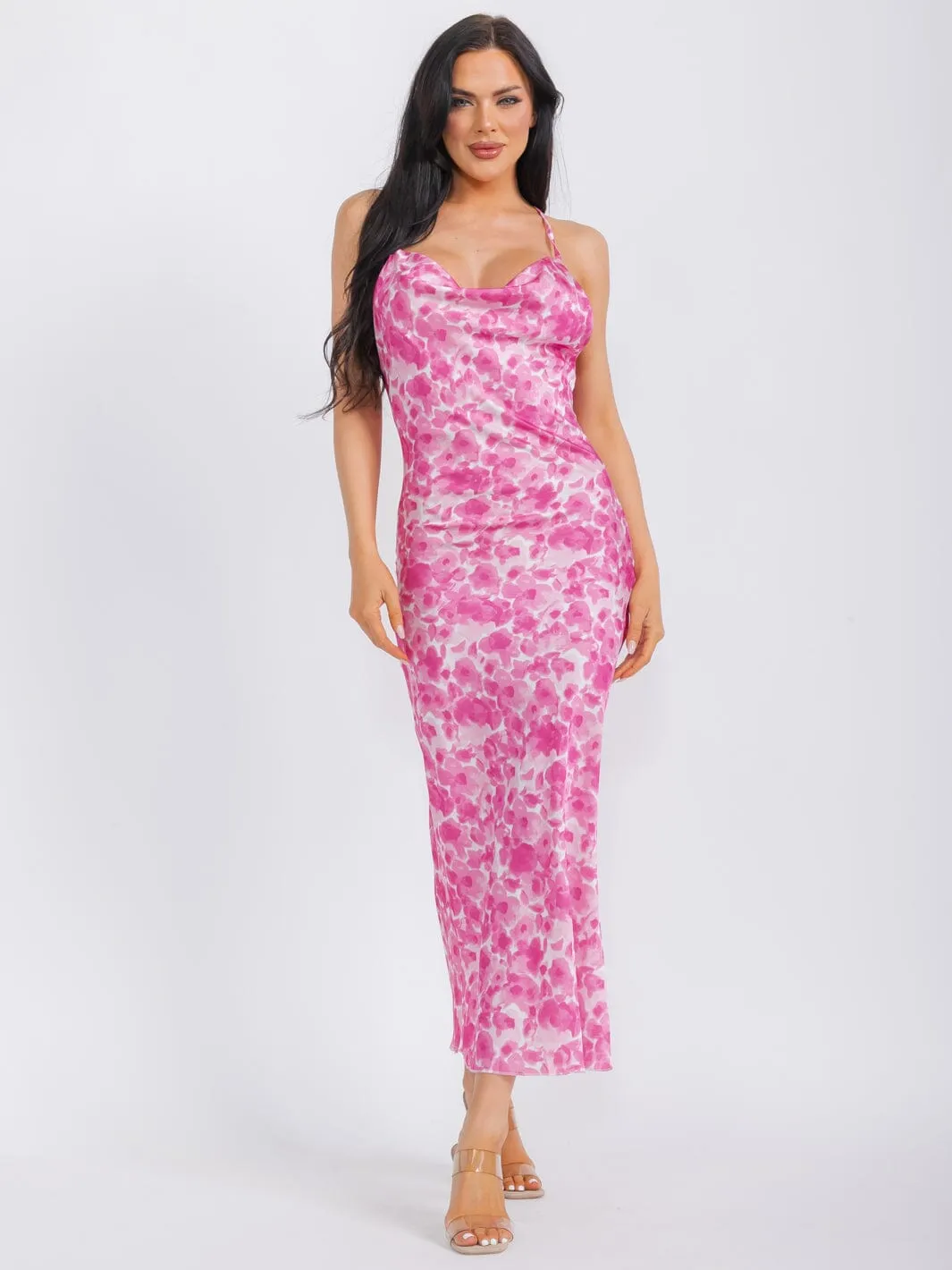 WOMEN'S SLEEVELESS OPEN BACK SATIN TYE DYE MAXI DRESS
