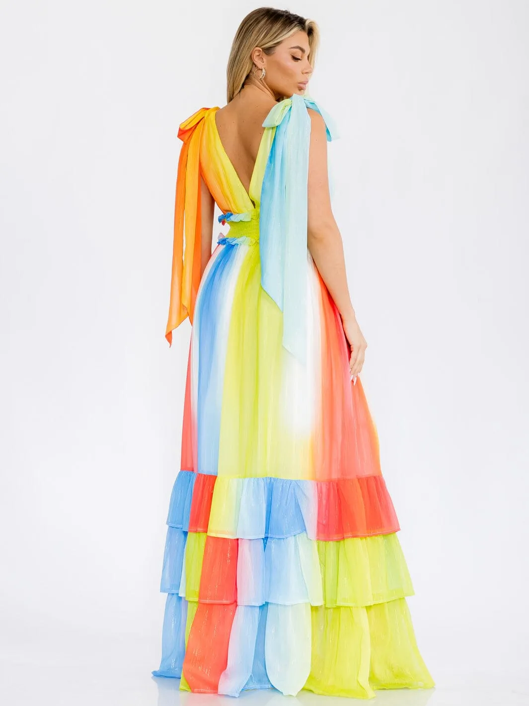 WOMEN'S SLEEVELESS V-NECK RUFFLE TIERED COLORBLOCK MAXI DRESS