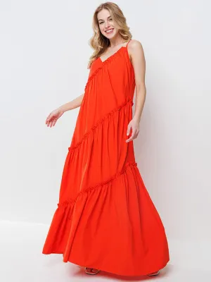 WOMEN'S SLEEVELESS V-NECK TIERED RUFFLE MAXI DRESS