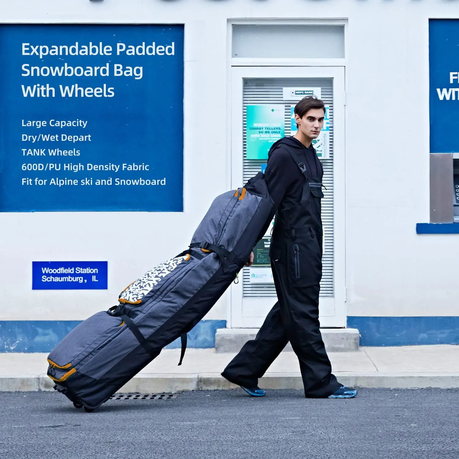 XCMAN Roller Snowboard Bag with Wheels,Adjustable Length,Extra Long/Wide/Deep,Waterproof - with Protection Ribs 140L