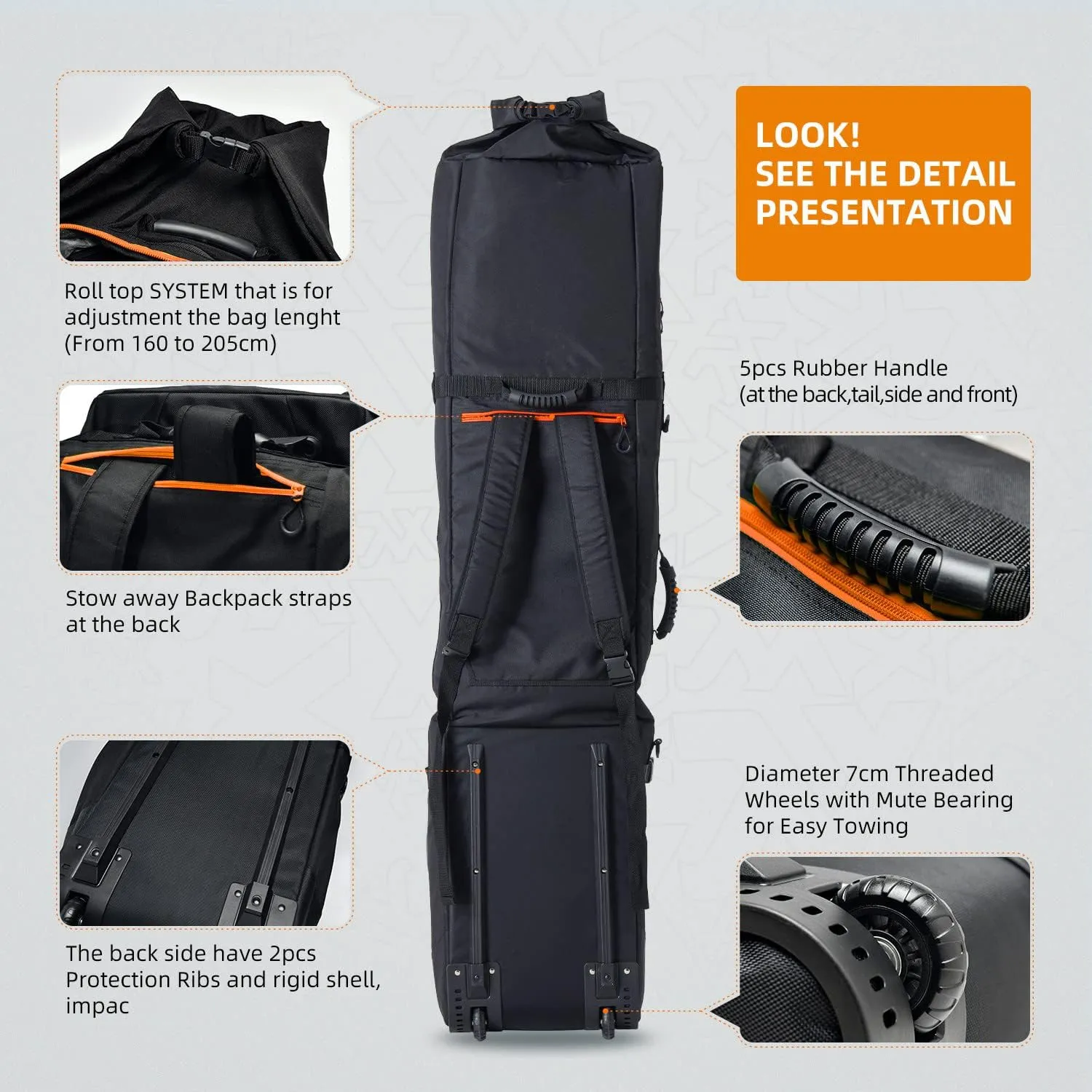XCMAN Roller Snowboard Bag with Wheels,Adjustable Length,Extra Long/Wide/Deep,Waterproof - with Protection Ribs 140L