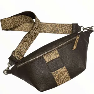 XL brown leather belt bag with leo-print details