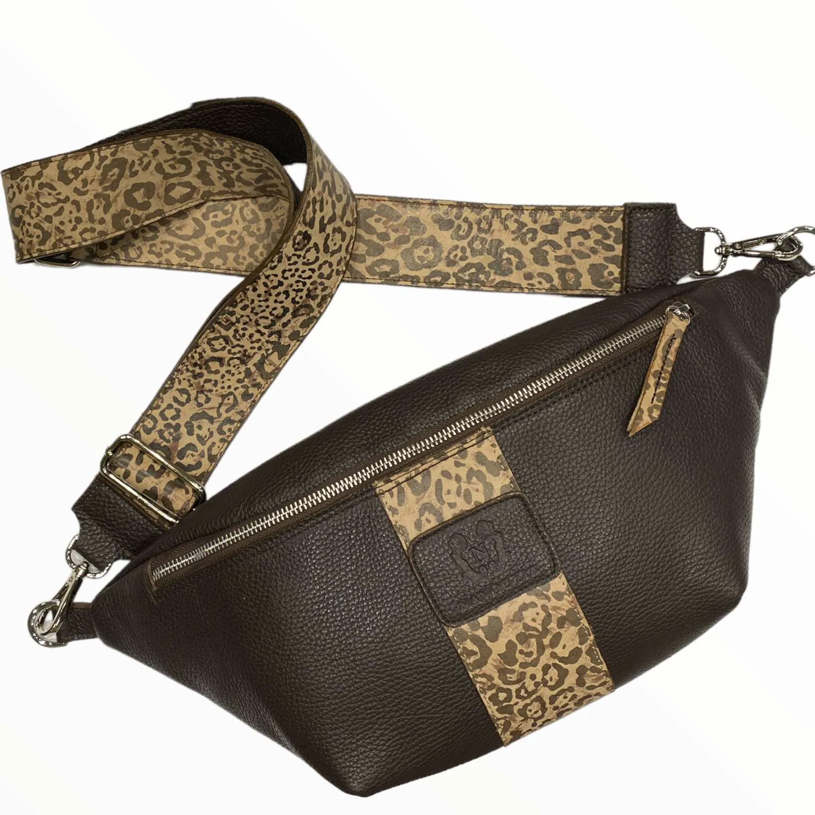 XL brown leather belt bag with leo-print details