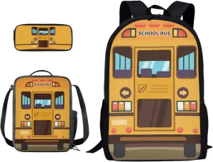 Xoenoiee School Bags Set of 3, American School Bus Print Fashion Rucksack Bag Bookbag Backpack Shoulder Daypack   Insulated Lunch Bag   Pencil Case for Teenager