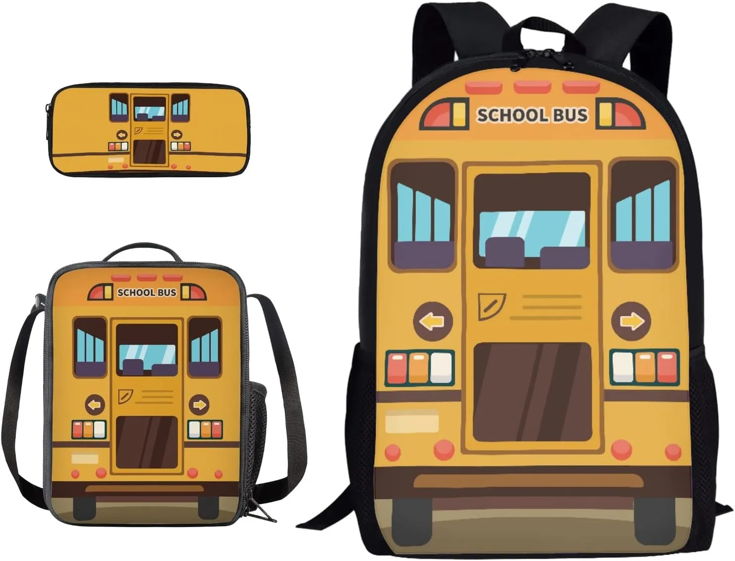 Xoenoiee School Bags Set of 3, American School Bus Print Fashion Rucksack Bag Bookbag Backpack Shoulder Daypack   Insulated Lunch Bag   Pencil Case for Teenager