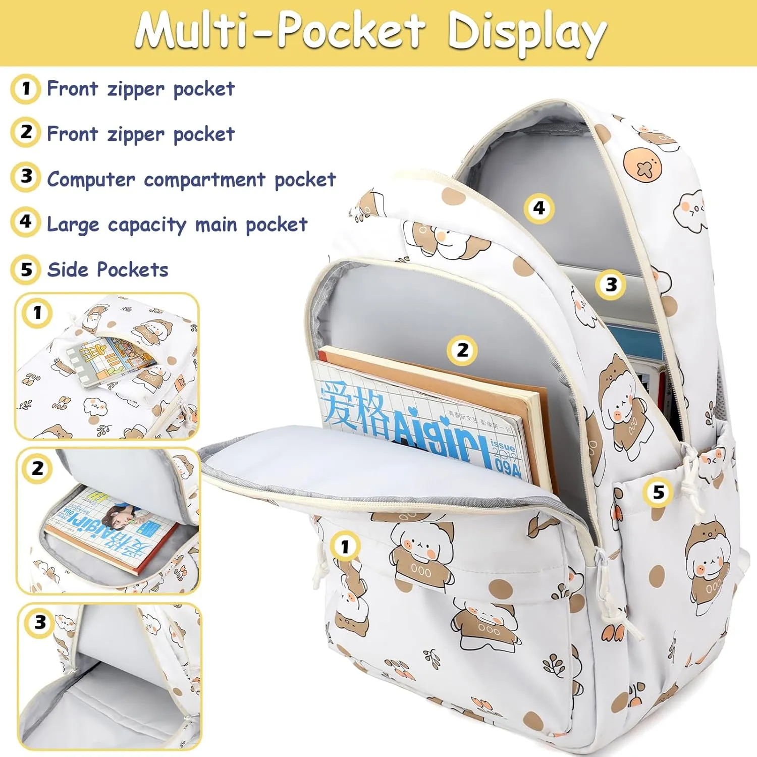 YJMKOI Backpack for Girls Middle School Bookbag Kawaii Elementary School Bags for Teens