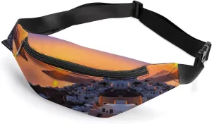 Zipper Fanny Pack for Men Women Fashion Waist Bag Stylish Crossbody Bags with Adjustable Strap Greece Island Sunset Landscape Travel Chest Bags Belt Bags for Running Hiking Workout Cycling