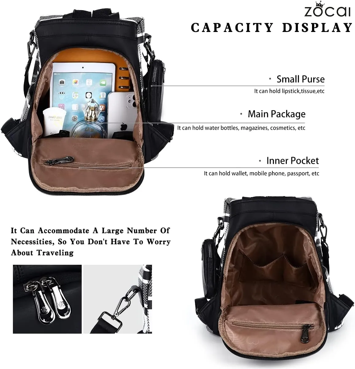 ZOCAI Backpack Purse for Women Fashion Backpack Purses PU Leather Daypacks Anti-Theft Shoulder Bag Satchel Purse